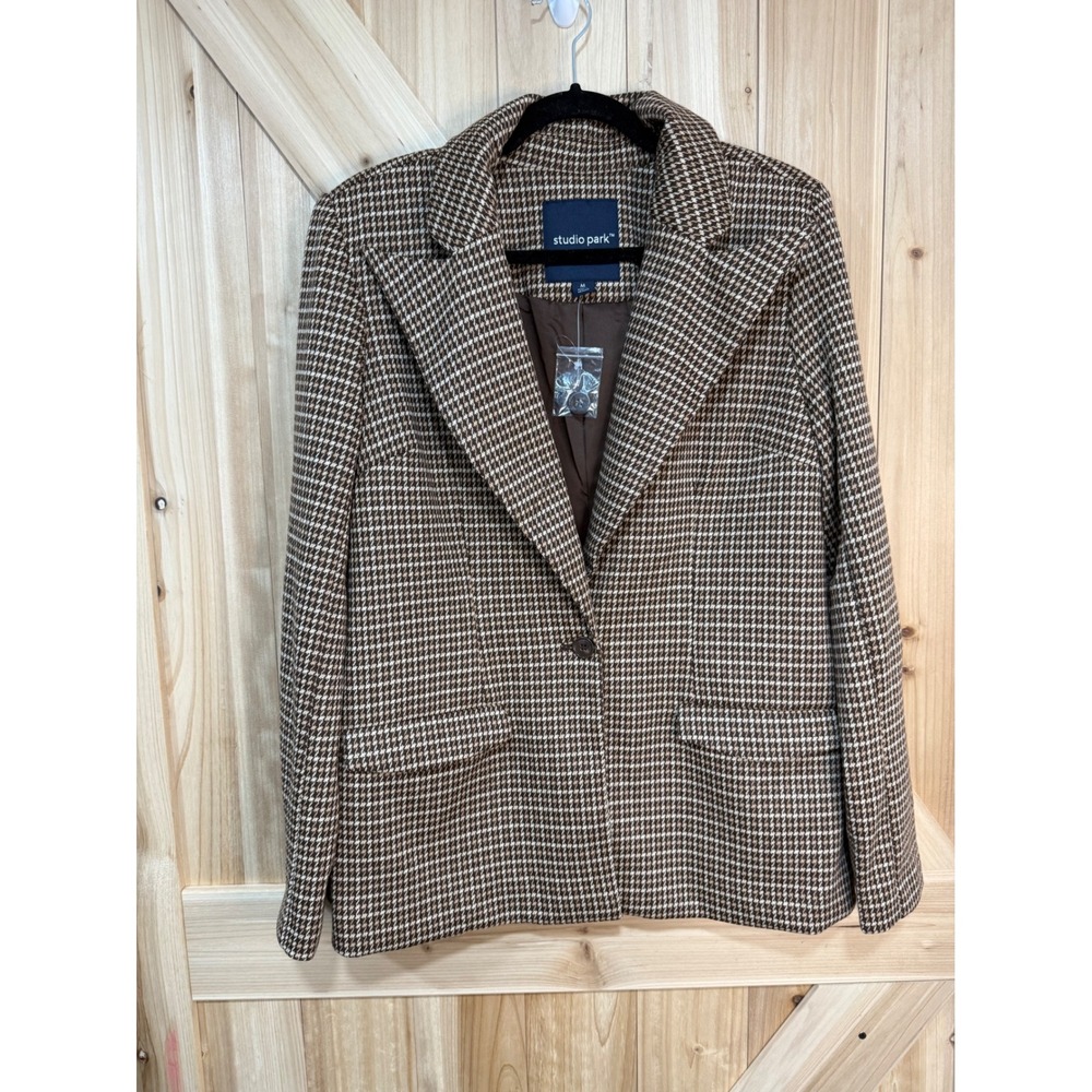 Studio Park Womens Brown Houndstooth Single Button Blazer Jacket Size M